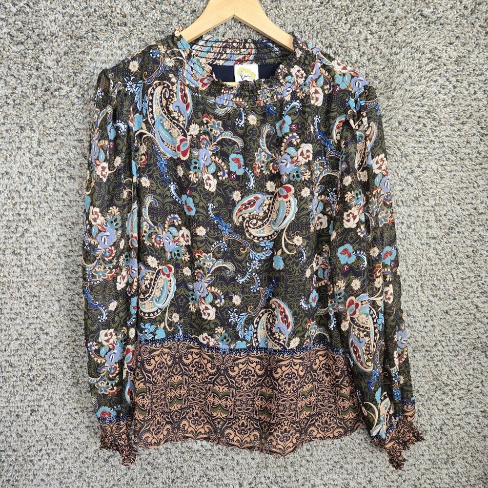 Fig & Flower Top Womens Large Green Paisley Print Mock‎ Neck Blouse Smocked